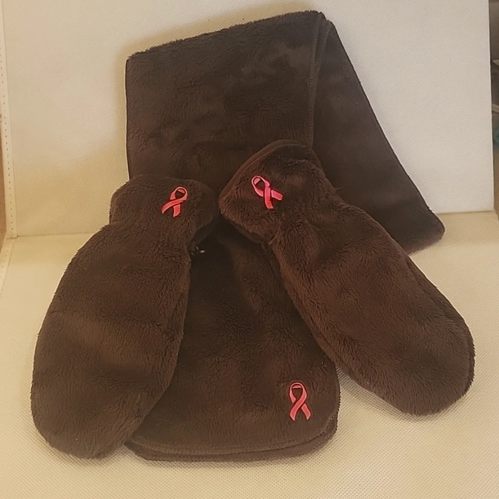 NEW - BREAST AWARENESS BROWN FLEECE NECK‎ SCARF & MITTENS